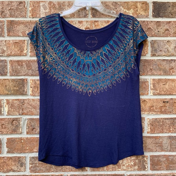 Lucky Brand Tops - Lucky Brand Navy Blue Short Sleeve Tee with Teal & Gold Metallic Print